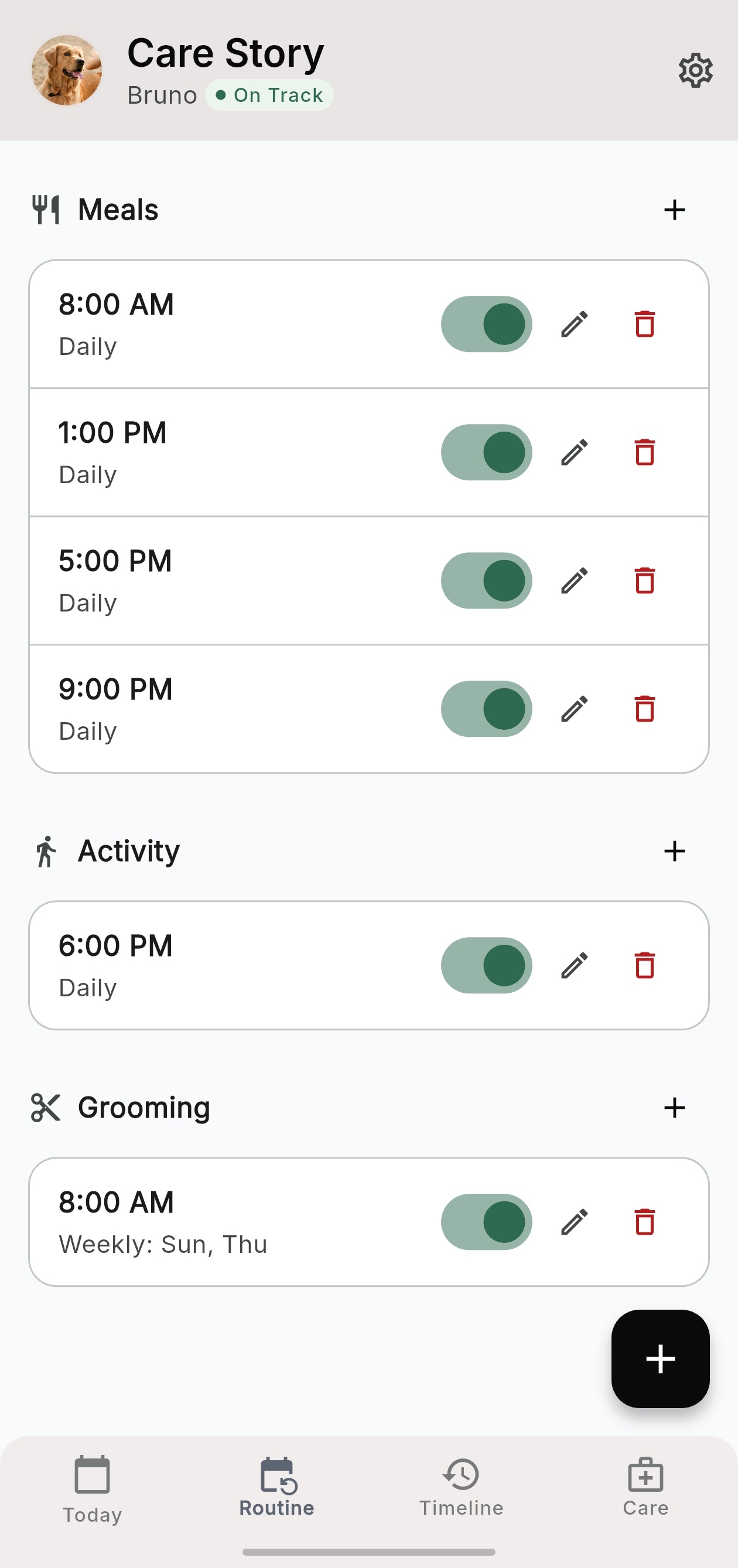 PawwCare care routines screen with meals, activity and grooming schedules